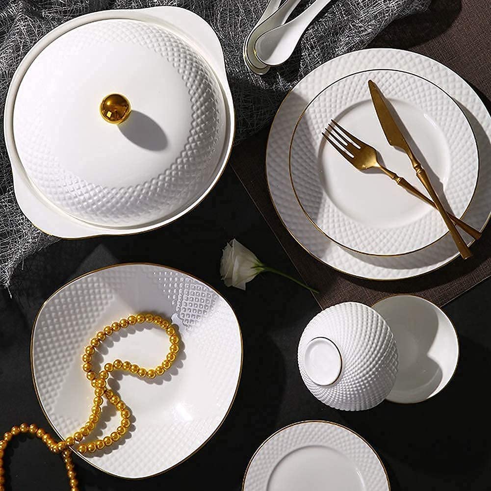 Ceramiczny zestaw zastawy stołowej, porcelanowa zastawa stołowa dla 6 osób, zawiera miski, talerze, garnek do zupy i łyżkę z białym tłoczeniem i złotym wzorem obramowania