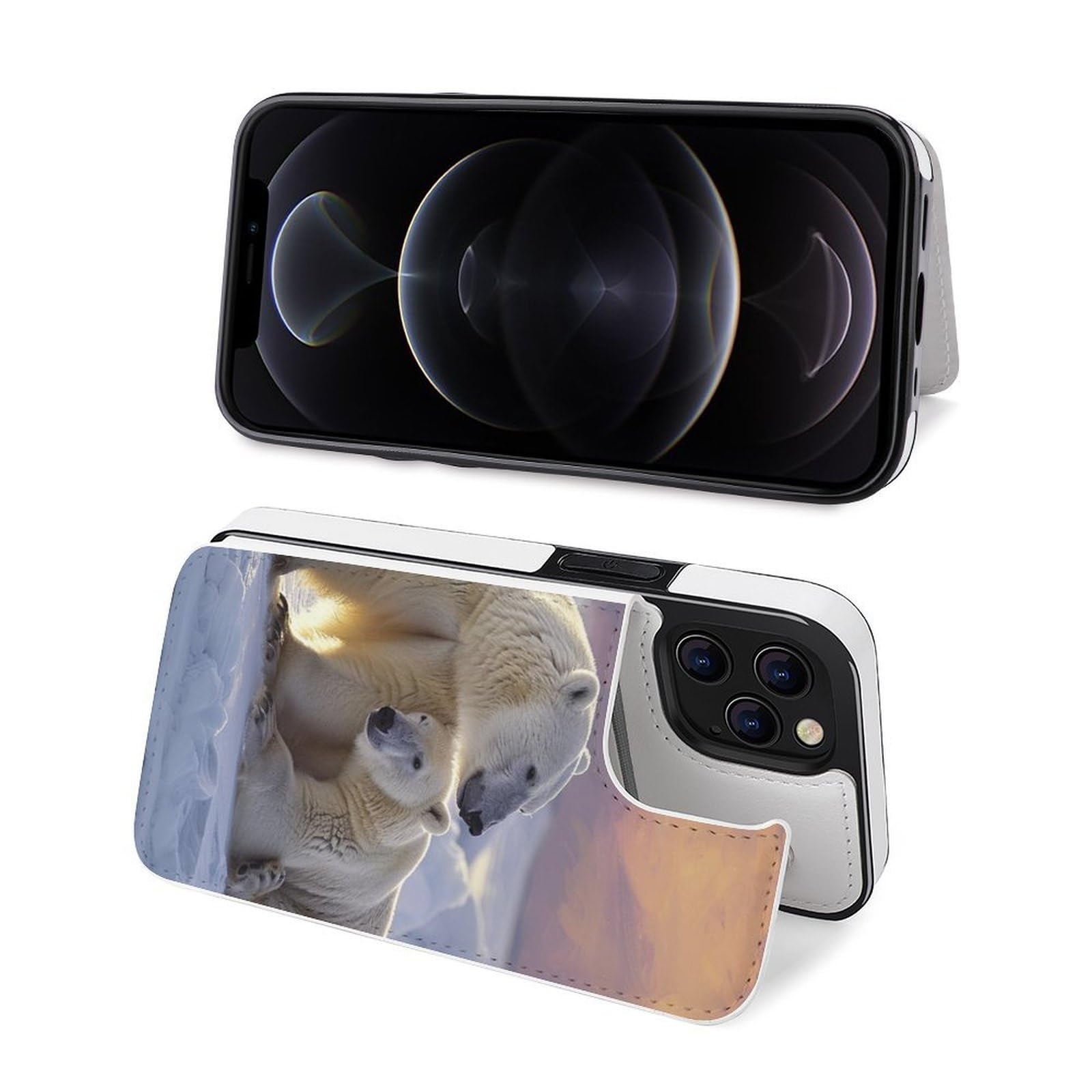 Fundas tipo cartera para iPhone 12 Pro, estampado de oso polar, funda de piel con ranuras para tarjetas