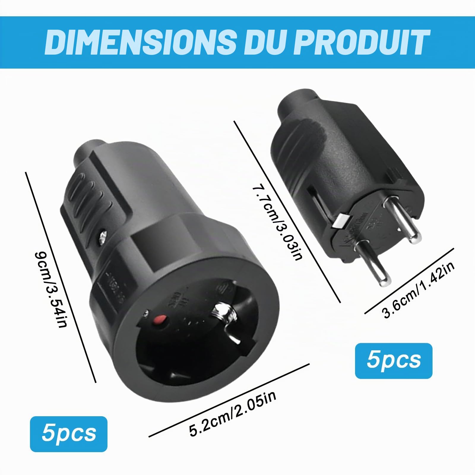 Sporgo Schuko fiche 230V IP44 prise de contact avec protection anti-torsion coupleur en caoutchouc 2 broches 16A et 3.7KW 230V Noir