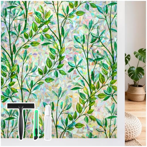Image of LUTE Stained Glass Window Privacy Film, Leaf Rainbow, 23.6 inch X 78.7 inch | No Glue No Residue, Static Cling Removable Renter Friendly, UV Blocking, for Home Decor Glass Door