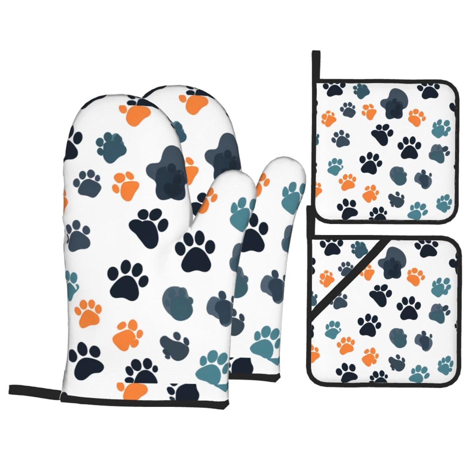 HJFCZH Paw Prints Picture Kitchen Baking Set of 4 Thick Insulated Oven Mitt & Pot Holders, Anti-Scalding for Microwave, Oven, Outdoor BBQ