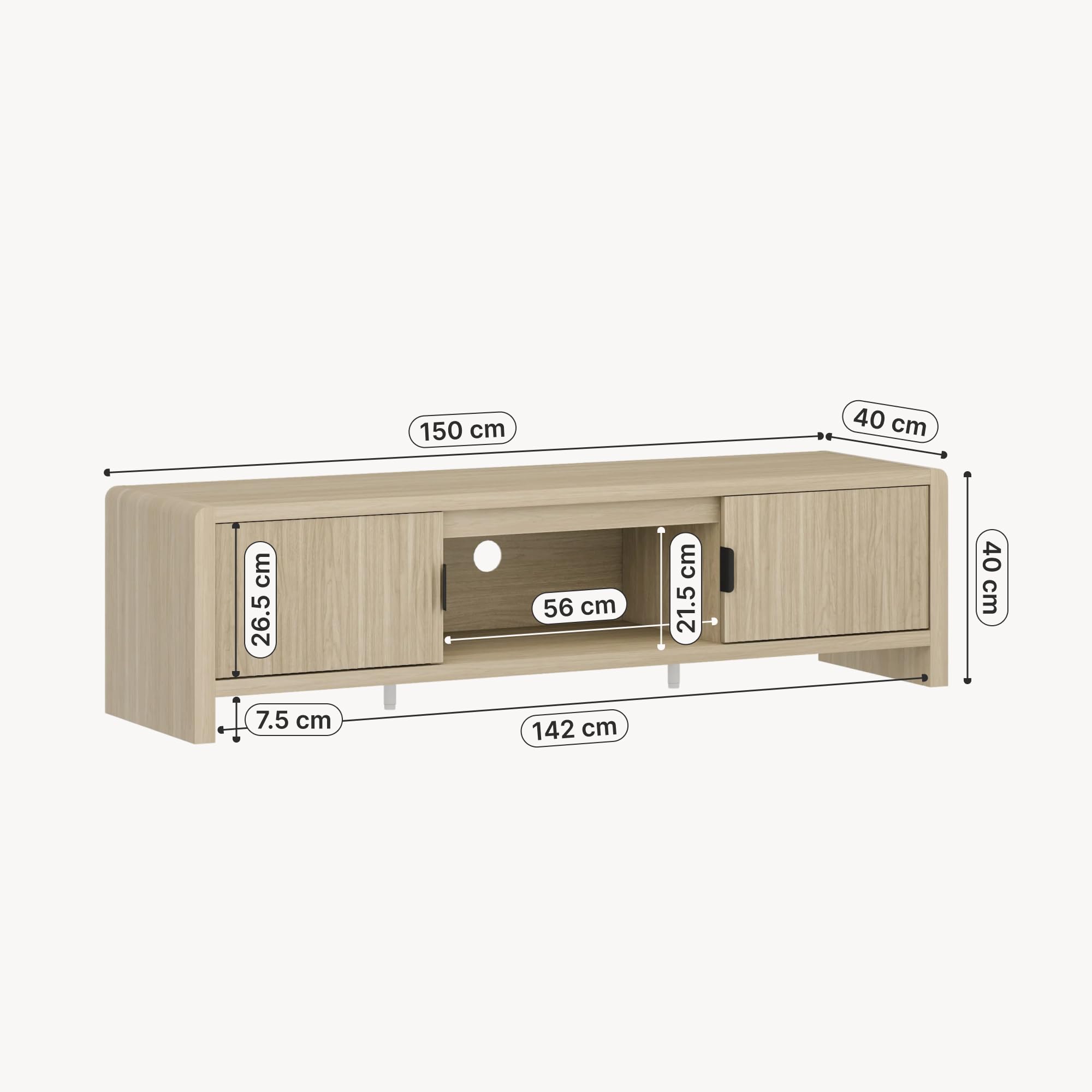 [en.casa] Mobile TV con 2 Ante e Vano Centrale Aperto Tavolino Porta TV con Foro Passacavi Stand Multimediale per Soggiorno Salotto 150x40x40 cm Effetto Rovere