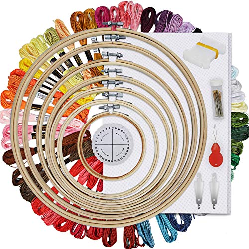 HAUSPROFI Embroidery Starter Kit - Cross Stitch Kit Including 50 Colours 30 Needles 7 Bamboo Frames Kumihimo Disk Cross Stitch Fabric
