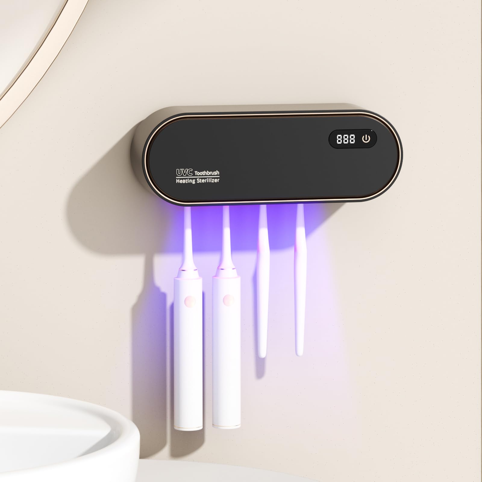 Portaspazzolino per bagno, portaspazzolino elettrico con ciclo intelligente 24 ore di pulizia e asciugatura ad aria calda, display a LED, porta spazzolino da denti ricaricabile da parete (nero)