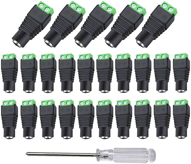 Aiqeer 25 Pcs 12V/24V 5.5 X 2.1 mm DC Power Connector Adapter, Female Power Jack Socket, DC Screw Terminal Plug Connector for CCTV Camera LED Strip (Green)