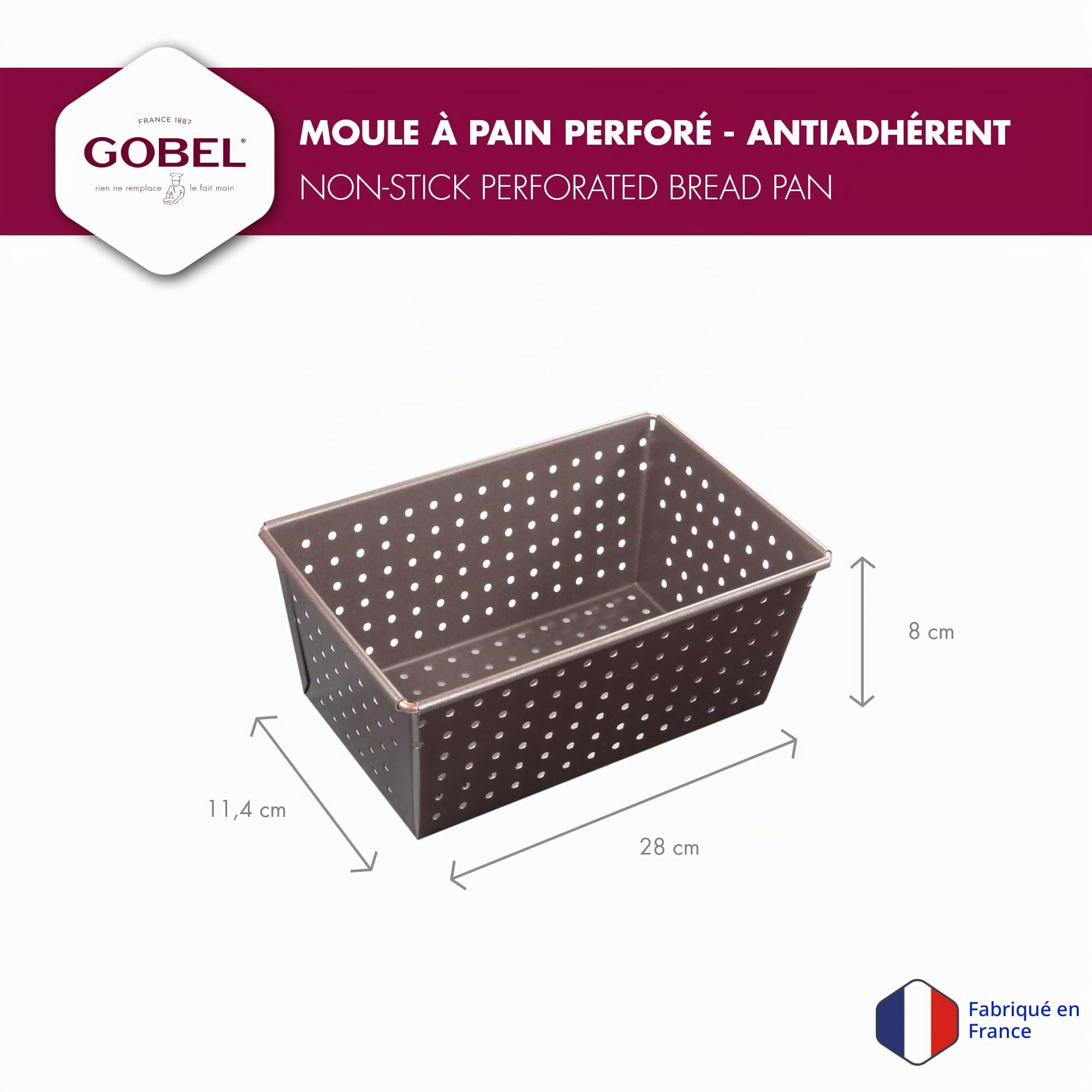 Gobel - Moule à Pain Perforé - Extérieur 270x105 mm - Interieur 250x80mm - Hauteur 80mm - Acier - Revêtement Antiadhérent Bicouche Garanti sans PFAS - Qualité Professionnelle – Fabriqué en France