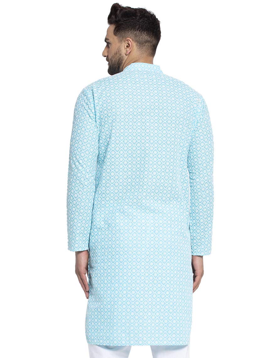 Jompers Men's Embroidered Pure Cotton Kurta. (Sky,Xl)