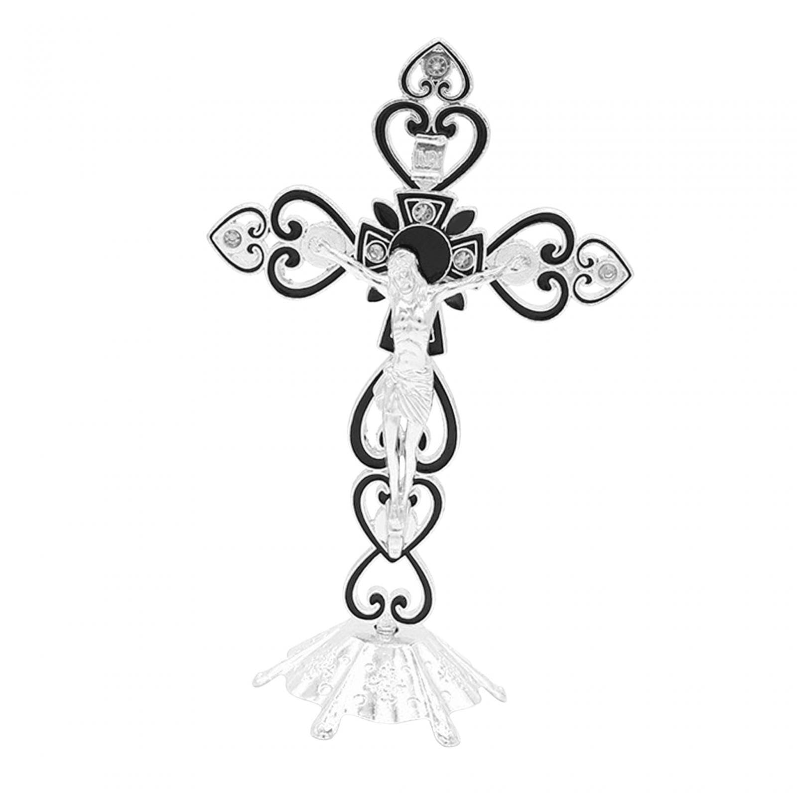 QIXCXAZ Religious Decorations Vintage Metal Standing Cross Prayer Crosses Exceptional Memorabilia For Religious Homes Standing Crucifix Base Catholic Jesus, Black, 20x12.5cm