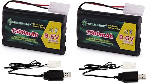 Paquete de baterías recargables NI-MH de 9.6V 1500mAh para tanque de camión RC y vehículos y cables de carga (paquete de 2)