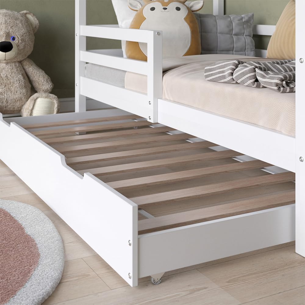 VitaliSpa Cama en Forma de casa Luni, Blanco, 160 x 80 cm | con cama extraíble para invitados, como un pequeño hogar para un ambiente cálido