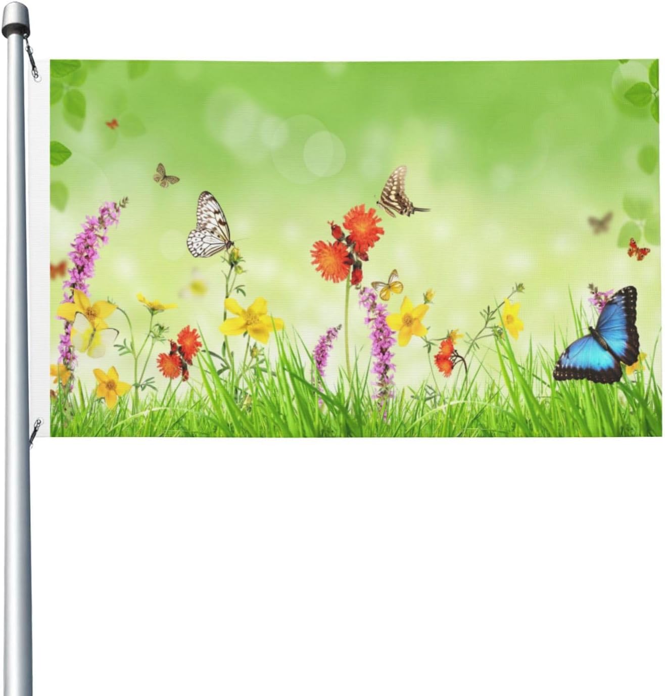 Spring Flowers Butterflies Green Grass Flag 3x5 Ft Anti-Fading Outdoor Yard Flag Double Sided Banner Garden Decor For Outside, Lawn, Porch, Balcony
