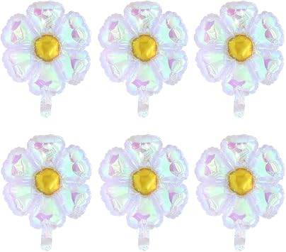 Iridescent Crystal Daisy Flower Balloon, Lovely 6 Pack Transparent Rainbow Groovy Daisy Floral Balloons For Bridal Shower Wedding Birthday Baby Shower Gender Reveal Party Decoration Supplies