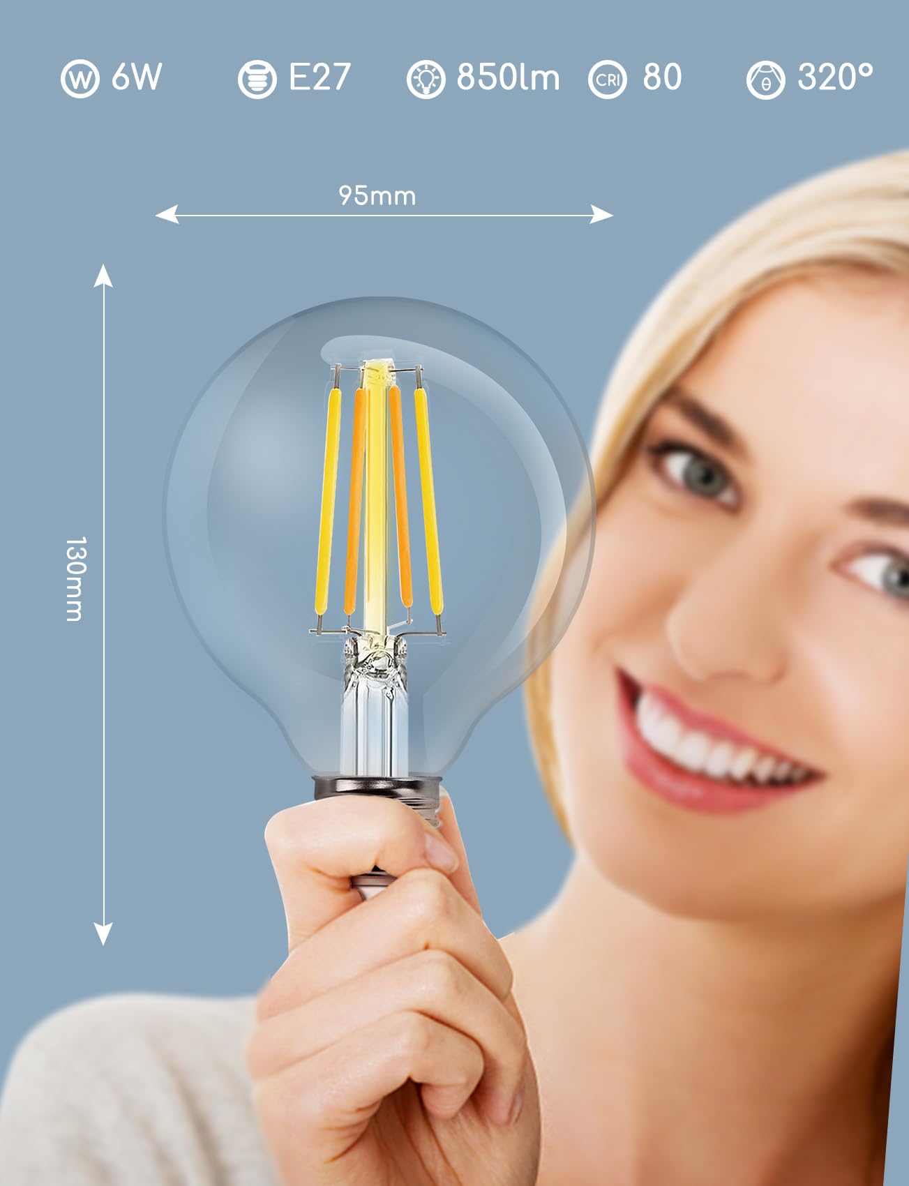 Aigostar Lampadina Vintage Smart, E27 LED 6W Transparente Lampadine Filamento a Globo G95, 850 LM Bianco Caldo Dimmerabile 2700K - 6500K, Compatibile con Alexa e Google Home, 2.4GHz WiFi, 3 Unità