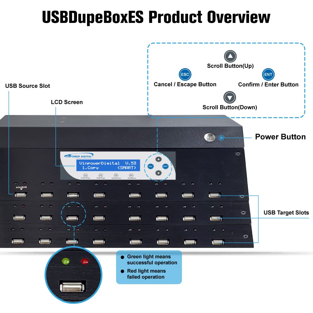 Vinpower Digital USBDupeBoxES Standalone 1 to 47 Multiple USB Flash Pen Drive and External USB Hard Drive HDD/SSD Copier Duplicator and Eraser with Asynchronous Operation