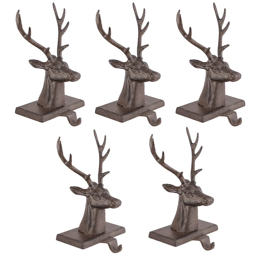 Dibor Set of 5 Stocking Holders Cast Iron Reindeer Christmas Stocking Holder Hanging Hooks - 1.5kg Recycled Metal Xmas Stocking Holder