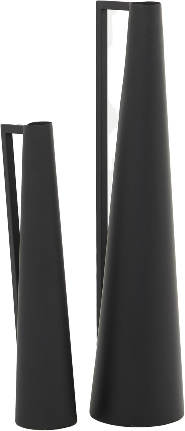 CosmoLiving by Cosmopolitan Metal Decorative Vase Slim Cone Centerpiece Vases with Handles, Set of 2 Flower Vases for Home Decoration 22", 17"H, Black