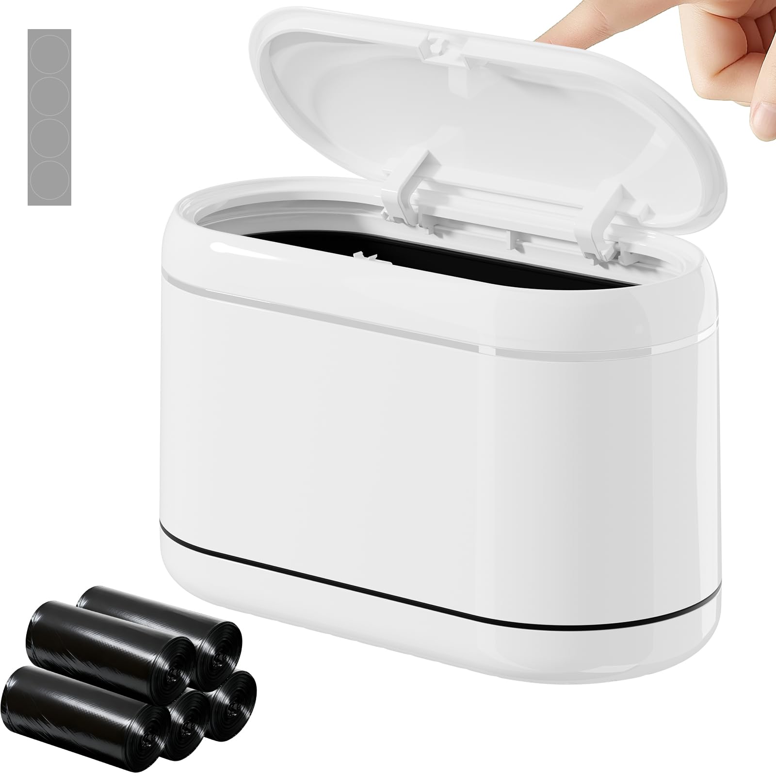 PAVSTINE Mini Desktop Bin with Pop-up Lid, Table Top Bin Dual-Chamber Design, Desk Bins Equipped 5 Rolls of Rubbish Liners and 4 Anti-slip Mats, Table Little Can for Bedroom, Office(White, Full-Cover)