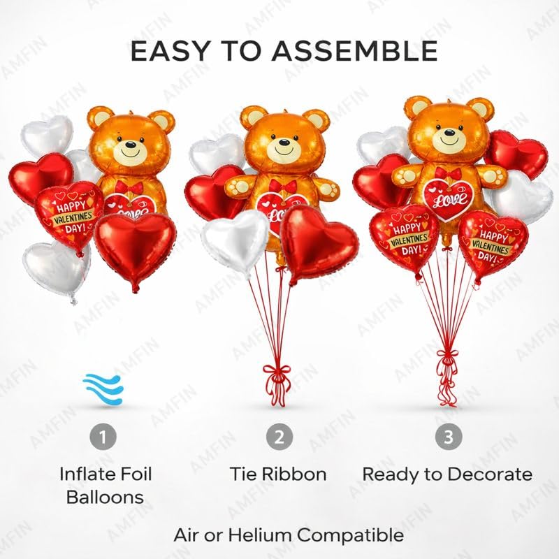 Image of AMFIN (Pack of 7) Happy Valentine's Day Foil Balloon Bouquet Teddy Heart Romantic Decoration Item - Red Gold