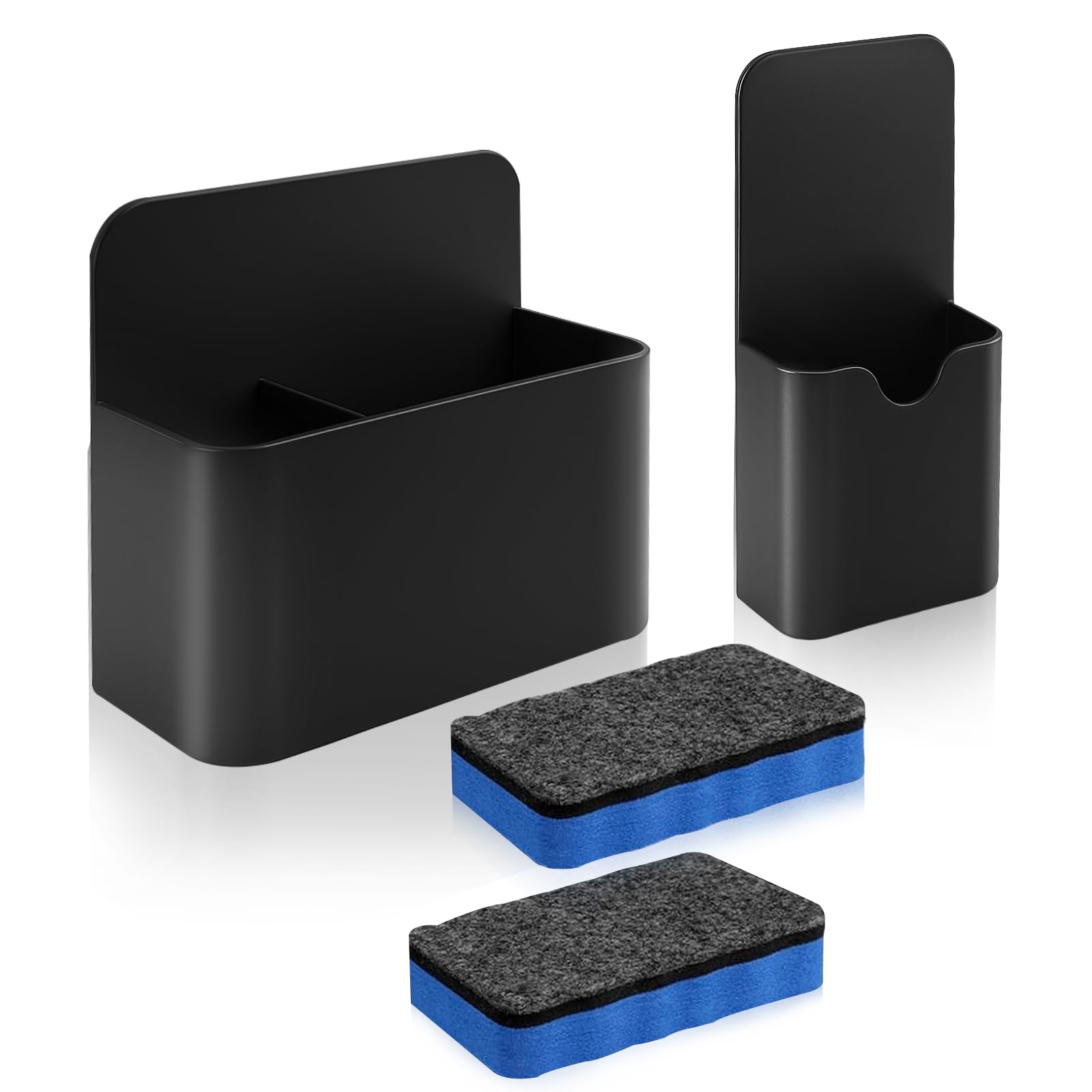 xiaoxiaozhijia 2-Pack Magnetic Pen Holder & Organiser with 2 Large Whiteboard Erasers-Extra Strong Hold for Whiteboard & Fridge-Office (Black)