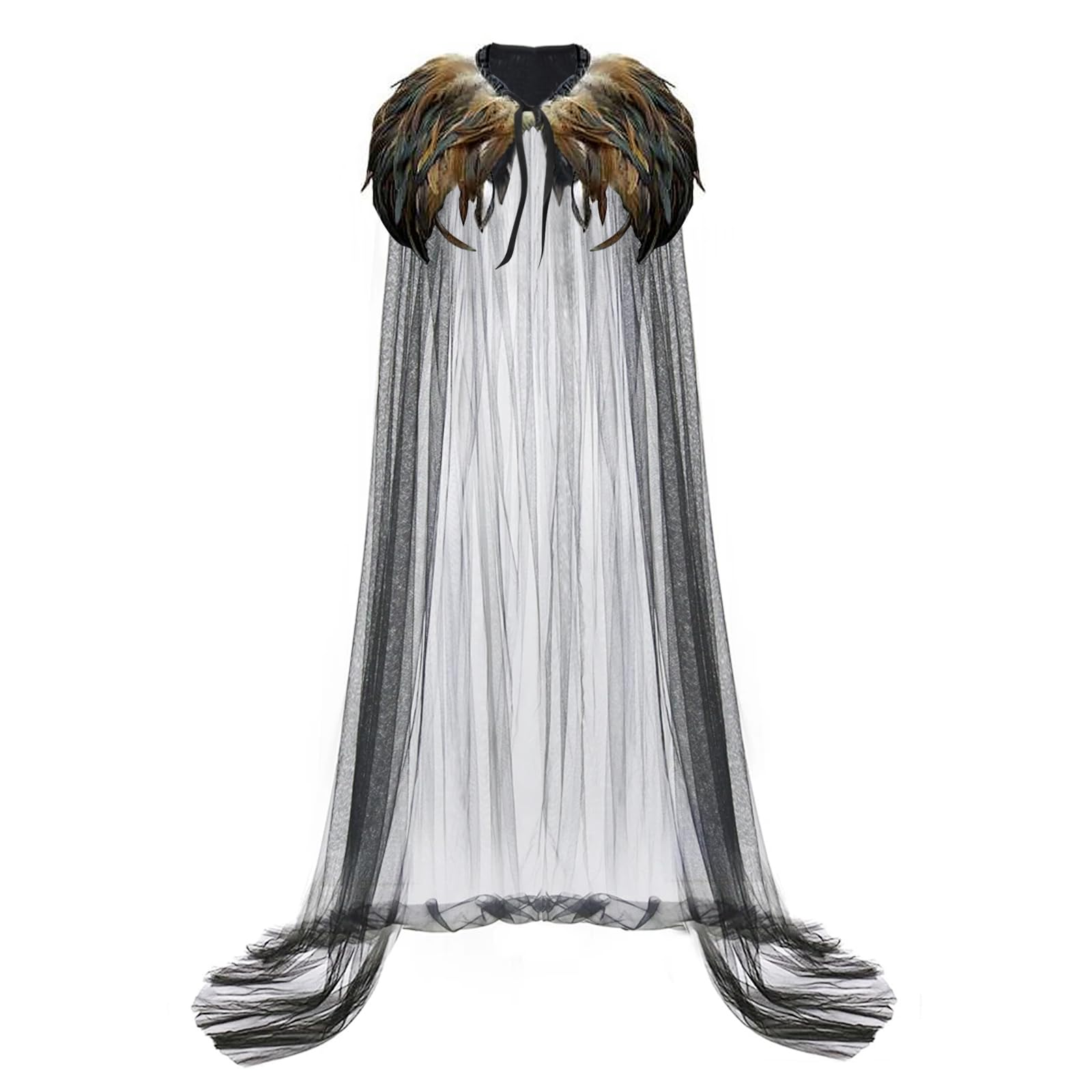 Gothic Feather Cloak Tulle Feather Collar Cape Vampire Witches Cape Feather Long Shawl Cloak for Halloween Cosplay Role Play Costume (Brown, one Size)