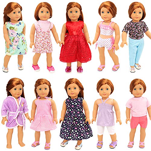 Miunana 10 Pcs 18 inch Girl Doll Clothes Dress Including 10 Complete Set of Clothing Outfits for American Doll