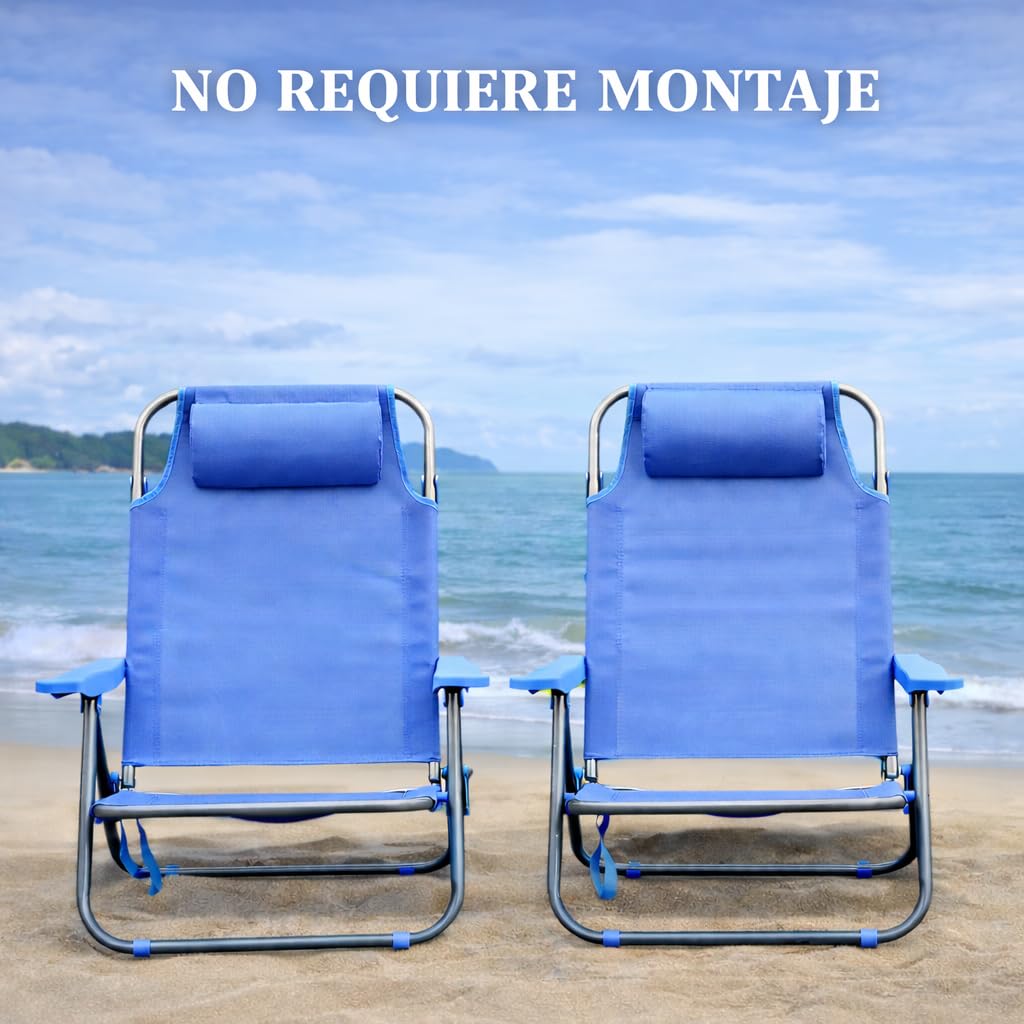 T-LOVENDO.ES Pack de 2 Sillas de Playa Reclinables Plegables con Reposacabezas | Sillas Portátiles para Jardín, Camping, Piscina, Terraza | Estructura de Acero Ligera y Tela Transpirable Resistente