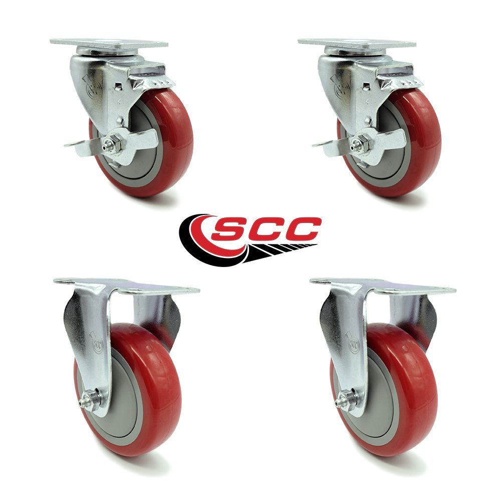Polyurethane Swivel Top Plate Caster Set of 4 with 4 Inch Red Wheels - Includes 2 Swivel with Top Locking Brakes and 2 Rigid - 1400 lbs. Total Capacity - Service Caster Brand