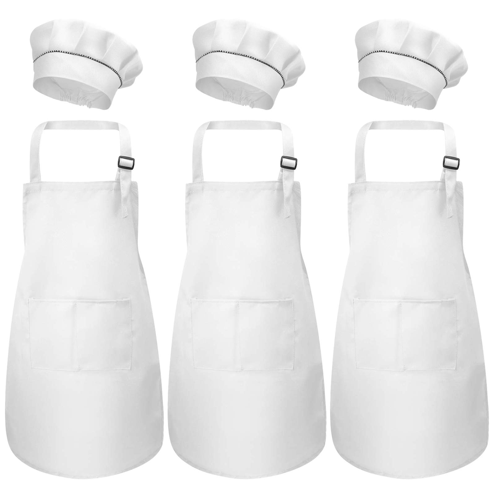3 Set Niños Delantal y Gorro de Cocinero, Ajustable Infantil Delantal de Cocina con Bolsillos para Niñas, Niñito Delantales de Chef Jardín para Cocinar Hornear Pintar Artesanía (3-6 Años)