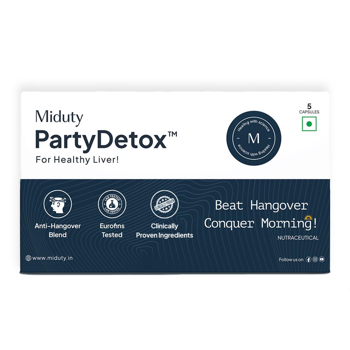 Miduty PartyDetox to Party Smartly & Hangover For Better Morning & Night | Supports Liver | Safe, Effective & Clinically Tested by International Lab - 5 Capsules