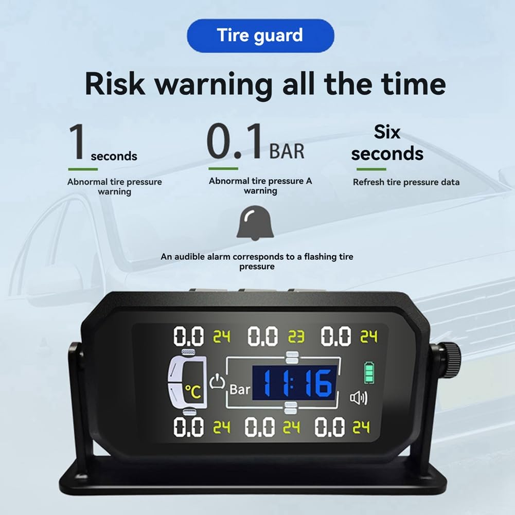 Osmond de Monitoreo de Presión de Neumáticos TPMS para Automóvil, RV, Camión, Sensor Solar de 6 Ruedas, Reloj de Temperatura, Pantalla de Presión de AIRE, Alarma B
