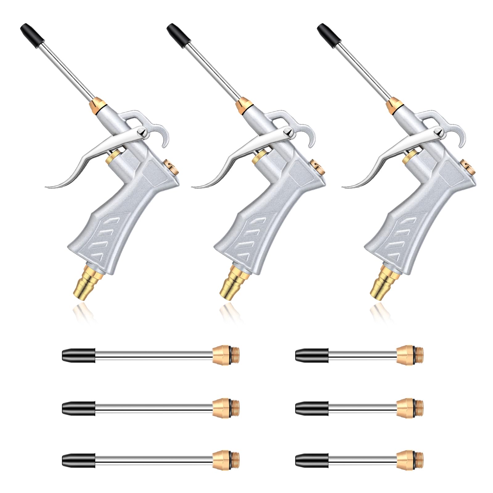 Paquete de 3 pistolas de aire industriales con 6 boquillas de flujo de aire de acero de extensión de 4 a 5 pulgadas, flujo de aire ajustable con boquilla de latón, accesorios de compresor de aire para