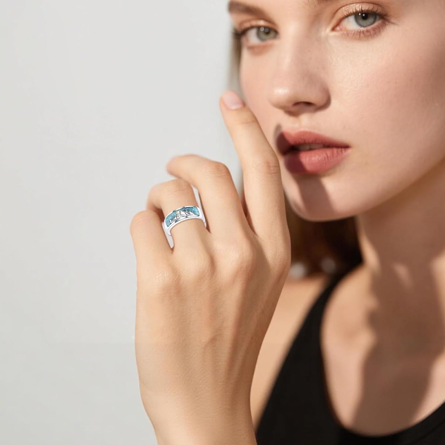 925 Sterling Silver Mountain/Sunflower/Paw Print Rings Created Turquoise Band Ring Nature Jewelry Gifts For Women Men Christmas Birthday - Image 5