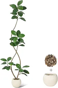 7FT Artificial Plant Rubber Tree with Off White Sphere Resin Planter & Stone Faux Fiddle Leaf Fig Tree Indoor Artificial Tree Tall Plant Fake Tree Tropical Large Floor Tree Real Touch for Home Decor