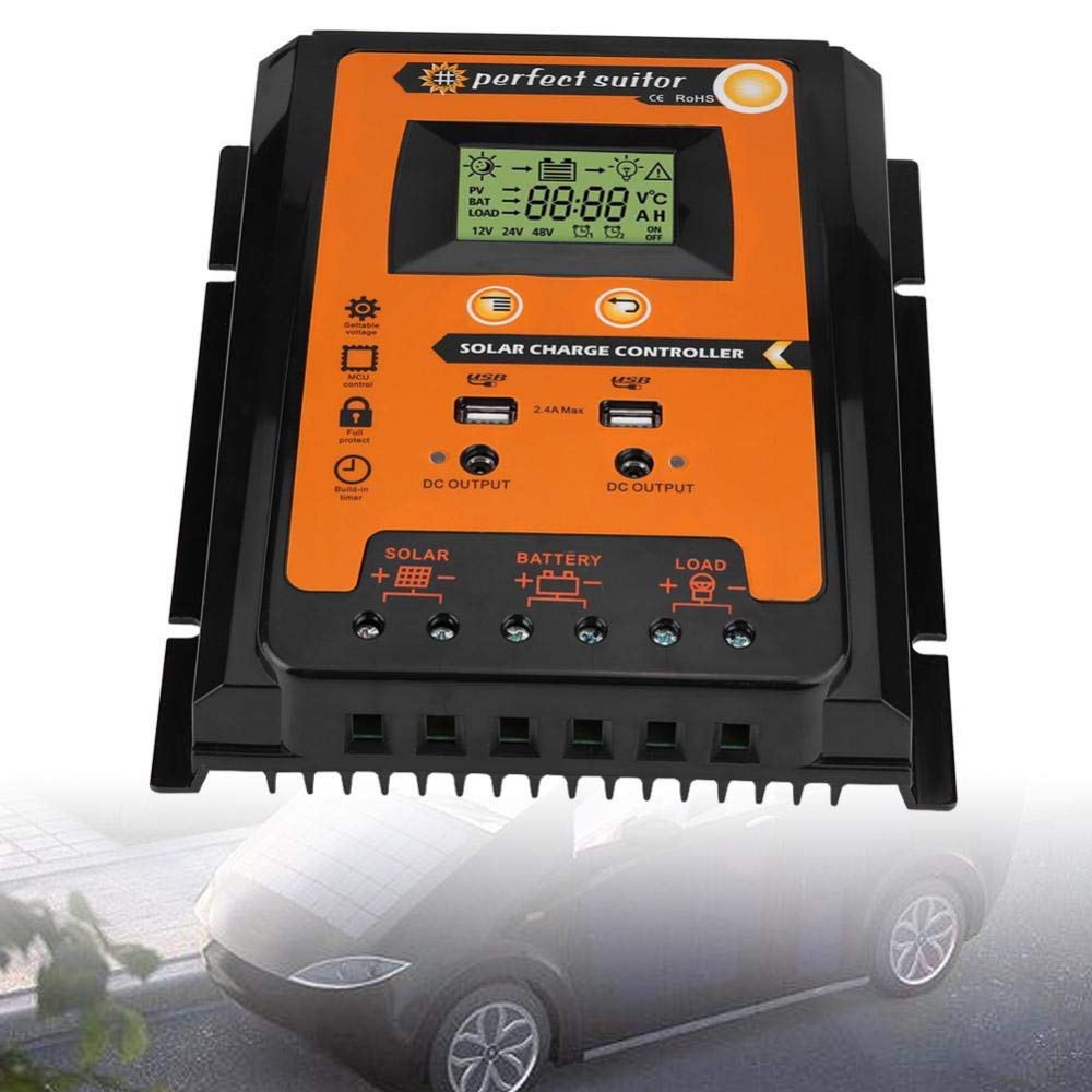 Regulador solar de carga MPPT con pantalla LCD de 12 V/24 V y puerto USB doble, identificación automática, tensión del