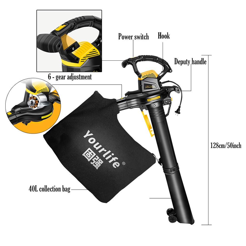 Soplador eléctrico Potente de Hojas/Aspirador/Trituradora con Ruedas, relación de trituración 16:1, 3800W/6-velocidad Ajustable, Bolsa de Recogida de 40L