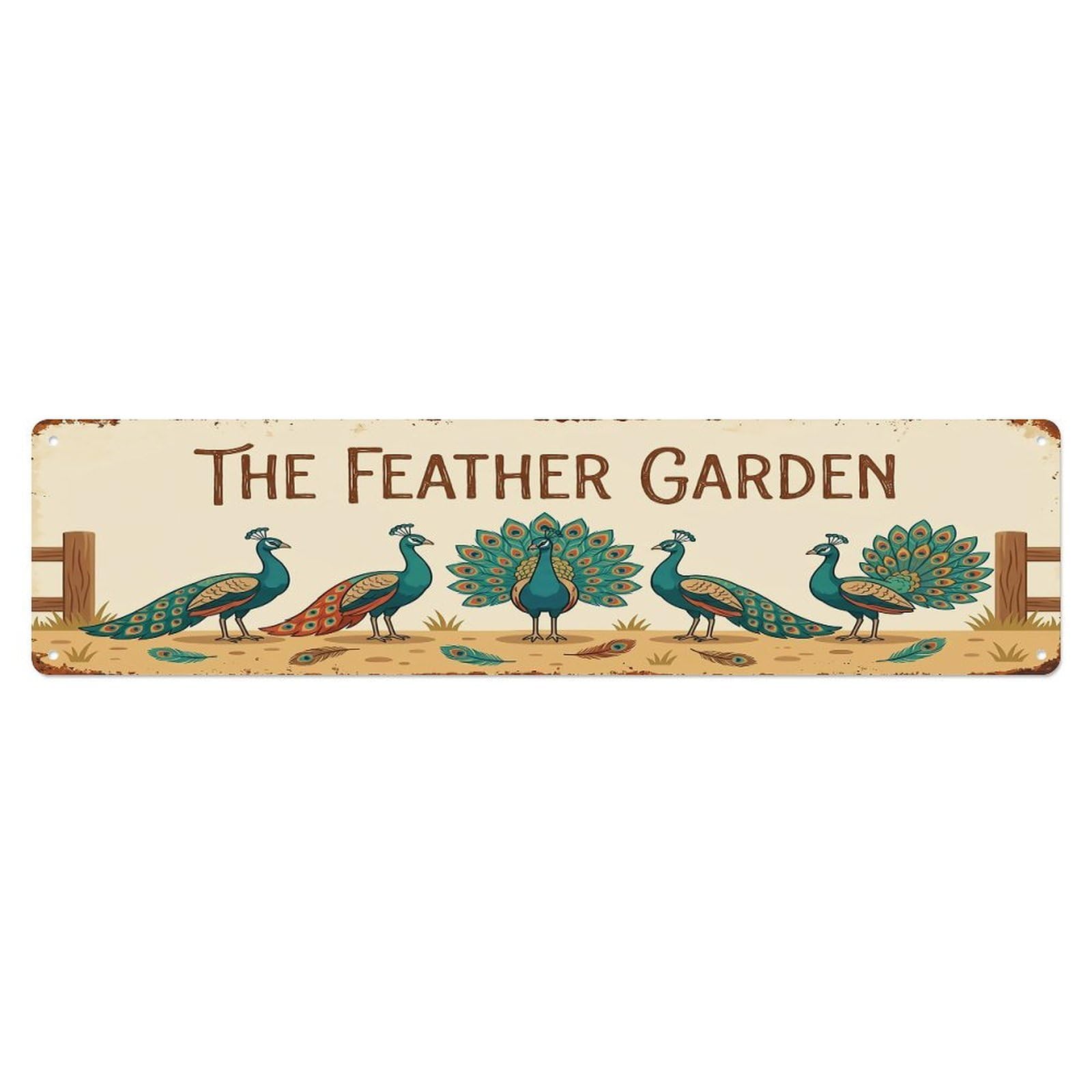 Vintage Peacock Farm Scene THE FEATHER GARDEN Metal Tin Sign