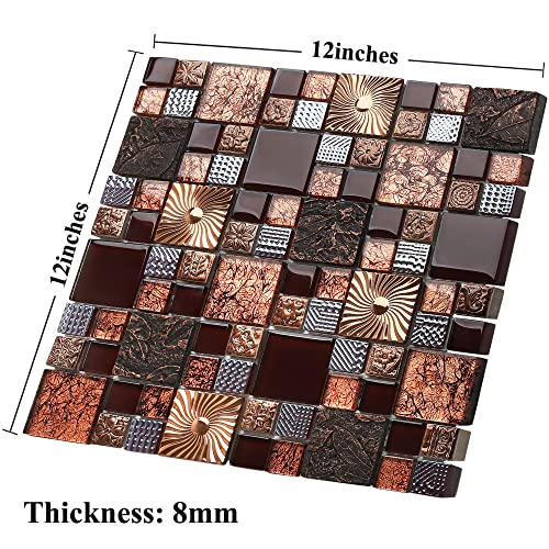 Blujellyfish Red Wine Colors Glass Tile 2'' X 2'' Leaf Carving Imprints Antique Mosaics Textured Rose Gold Metal Kitchen Bathroom Walls Backsplash Tiles thumb #2