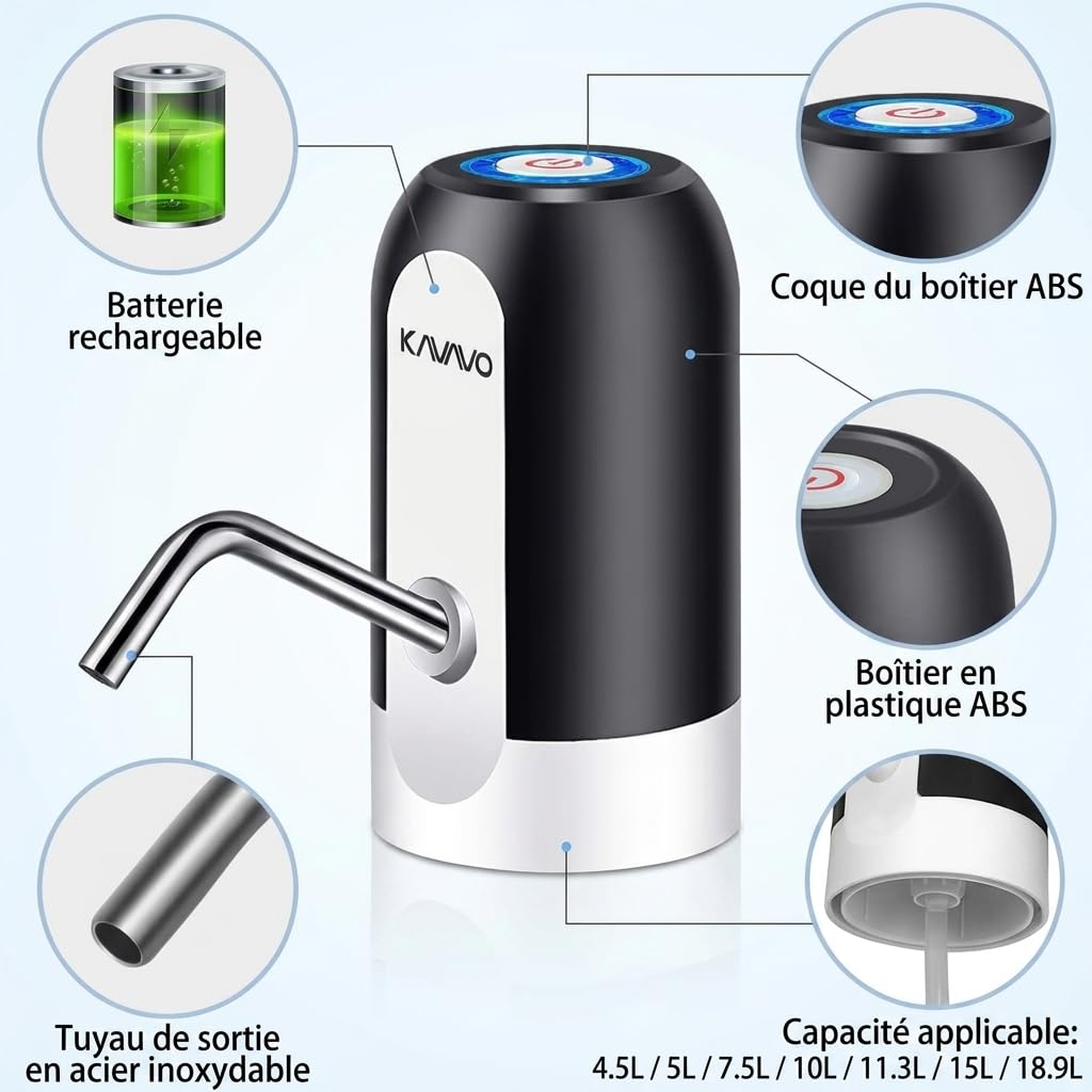 Pompe à Bouteille d’Eau, 2 Adaptateurs Supplémentaires de Différents Calibres, Distributeur d’Eau Électrique Portable avec 2 Tuyaux Libres à Couper Noir Blanc, En Silicone,Plastique
