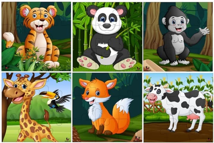 FiddlysWooden Jigsaw Puzzles for Kids & Children – 9 Pieces Each, Pack of 6|Double Layered Front & Back Print| Educational Toy for Boys & Girls Age 2 3 4 5 6 Year Old (Wild & Pets Animal)