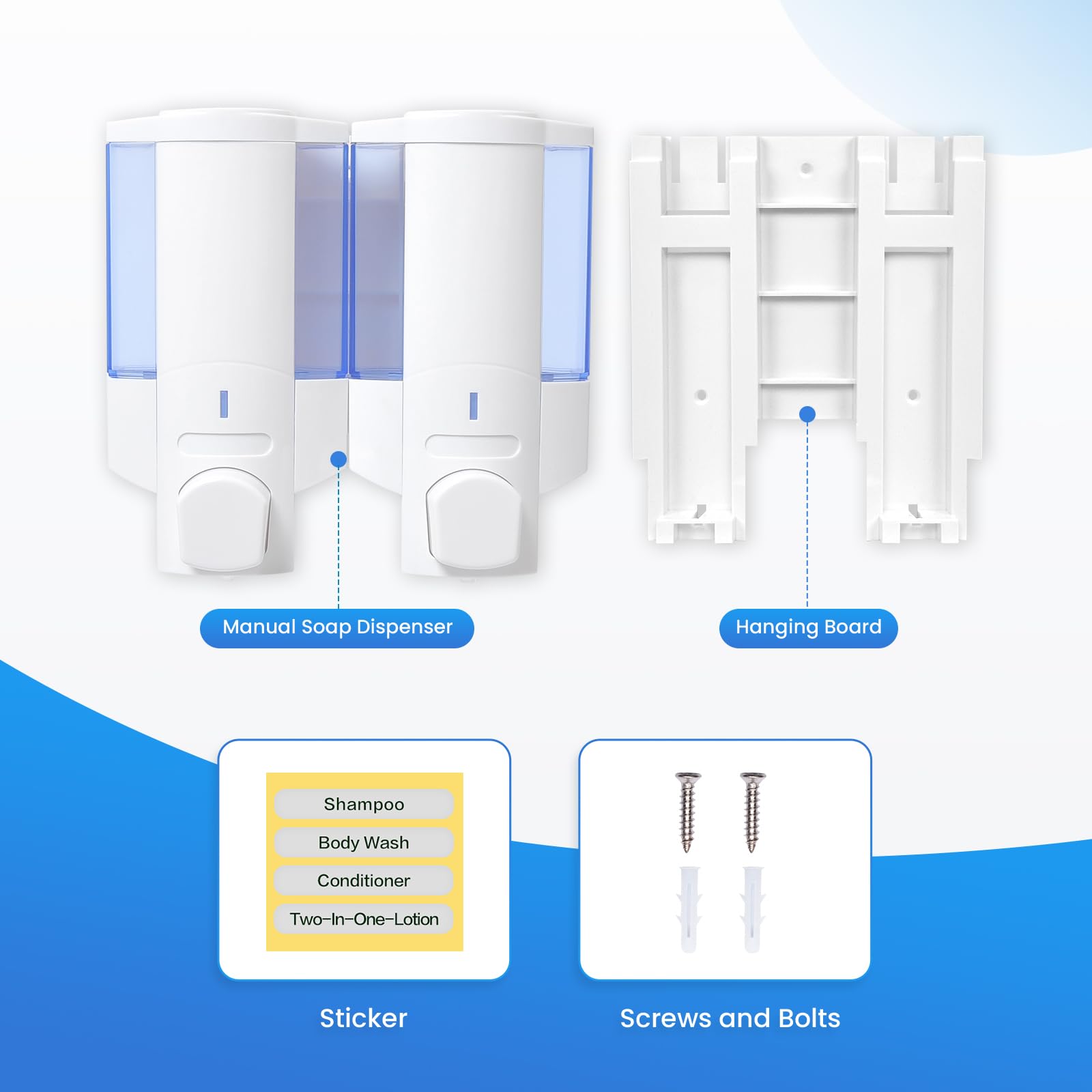 Dispensador de jabón de ducha, 2 cámaras de 350 ml, 2 dispensadores de champú y acondicionador, sin taladro, dispensador de champú montado en la pared para ducha, dispensador de ducha montado en la