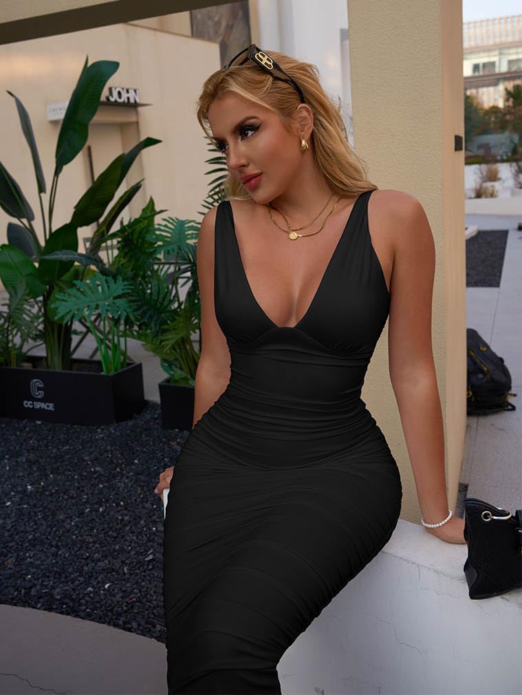 BEAGIMEG Women's Sexy Ruched Sleeveless Deep V Elegant Cocktail Evening Party Maxi Dress - Image 7