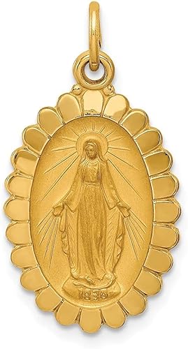 Miniatura 5 de Diamond2Deal Medalla milagrosa festoneada ovalada media satinada de oro amarillo de 14 k (L- 1.043 in W- 0.561 in), Metal