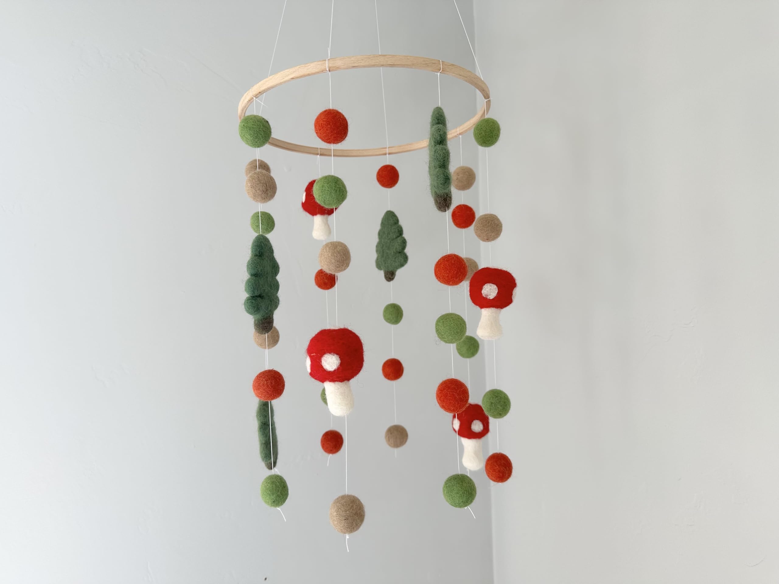 Mushroom & Tree Ceiling Mobile - Woodland Fungi Themed Nursery - Red, Brown, Green Kids Room Pom Decor - Gender Neutral Forest Explorer