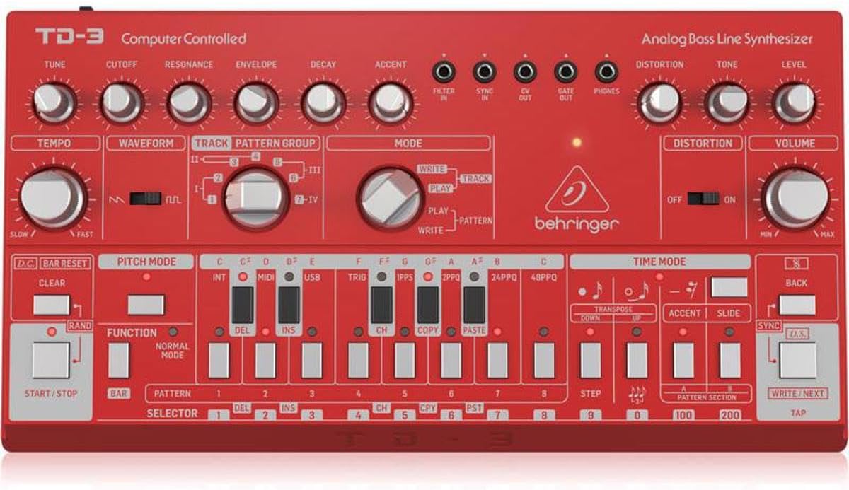 TD-3-RD Analog Bass Line Synthesizer with VCO, VCF, 16-Step Sequencer, Distortion Effects and 16-Voice Poly Chain