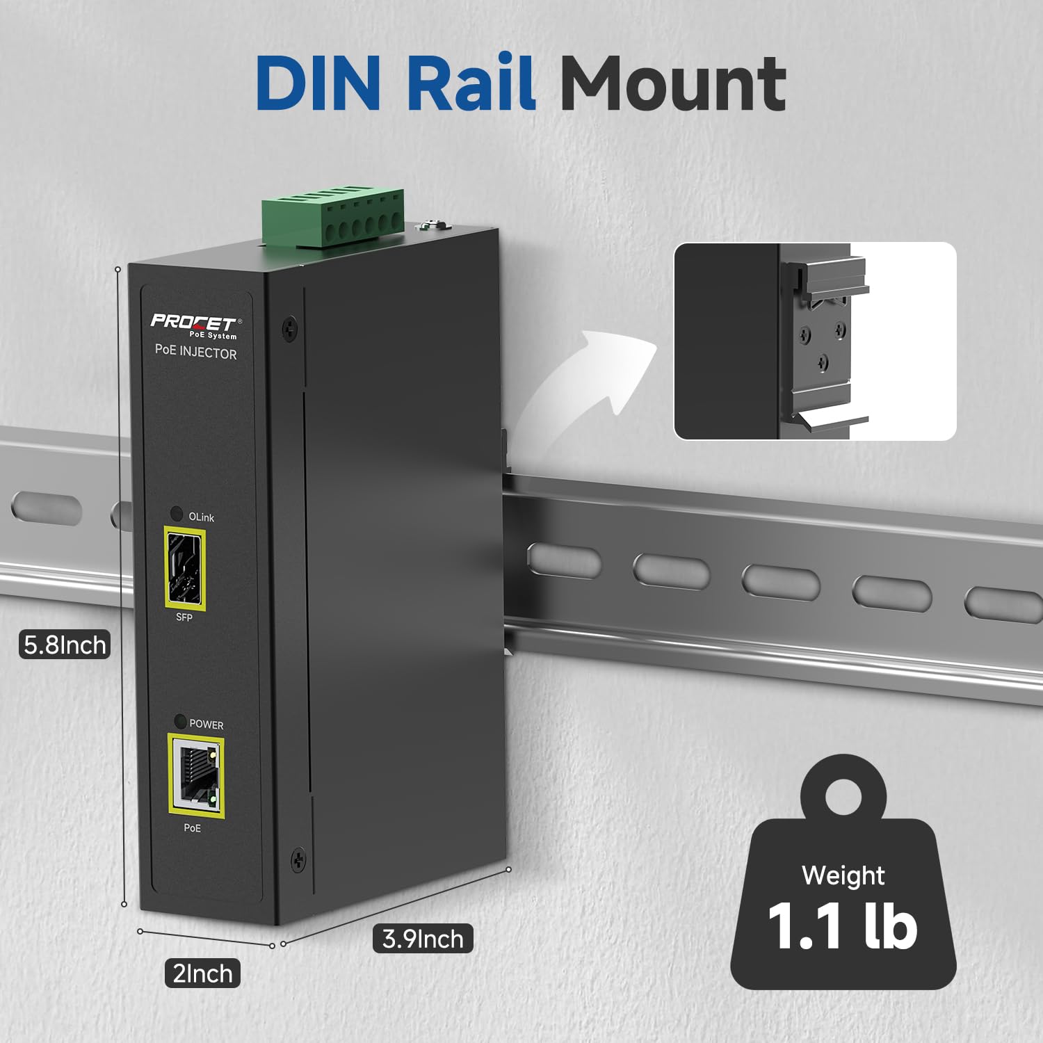 PROCET SFP Fiber PoE Injecteur DIN Rail IEEE802.3bt 60W Industrial Gigabit SFP/Uplink PoE++ Injecteur de puissance pour caméra IP, point d'accès, POS, kiosques