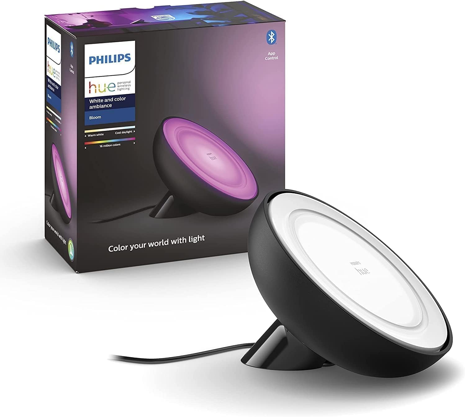 Philips Hue White & Color Ambiance Bloom Tischleuchte (500 lm), dimmbare Tischleuchte für das Hue Lichtsystem mit 16 Mio. Farben, smarte Lichtsteuerung über Sprache oder App, schwarz