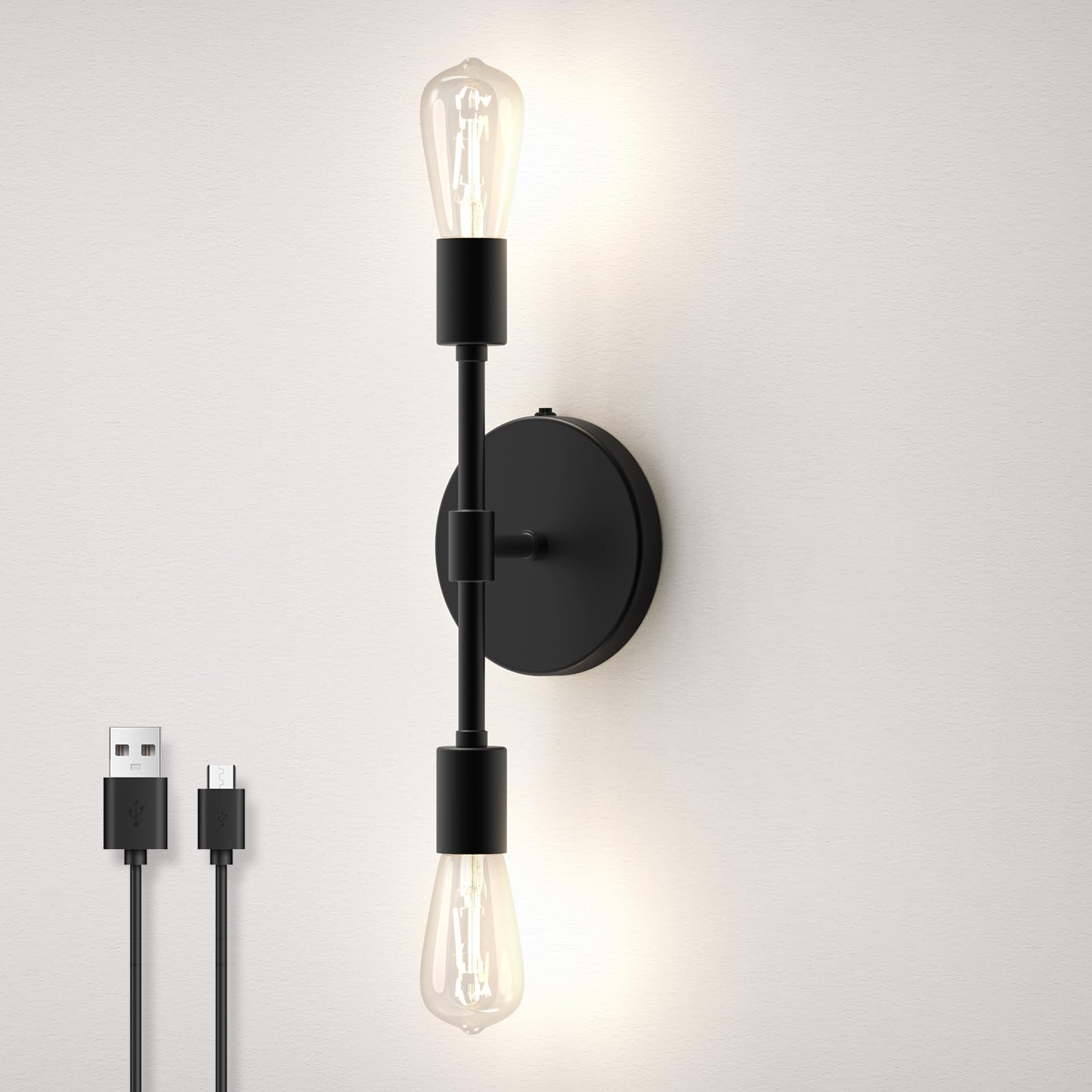 HYMELA C05 Battery Operated Wall Sconce, 2-Light Vanity Light Black Bathroom Light Over Mirror, Modern Sconces Cordless Wall Light Fixtures for Bedroom Living Room Dining Room Hallway(Bulb Included)