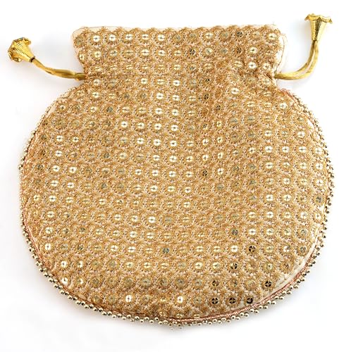 Image of Potli Bag Golden work wedding potli for ladies Gift for women handbags traditional Indian Wristlet with Drawstring Ethnic Embroidery Fashion Potli.