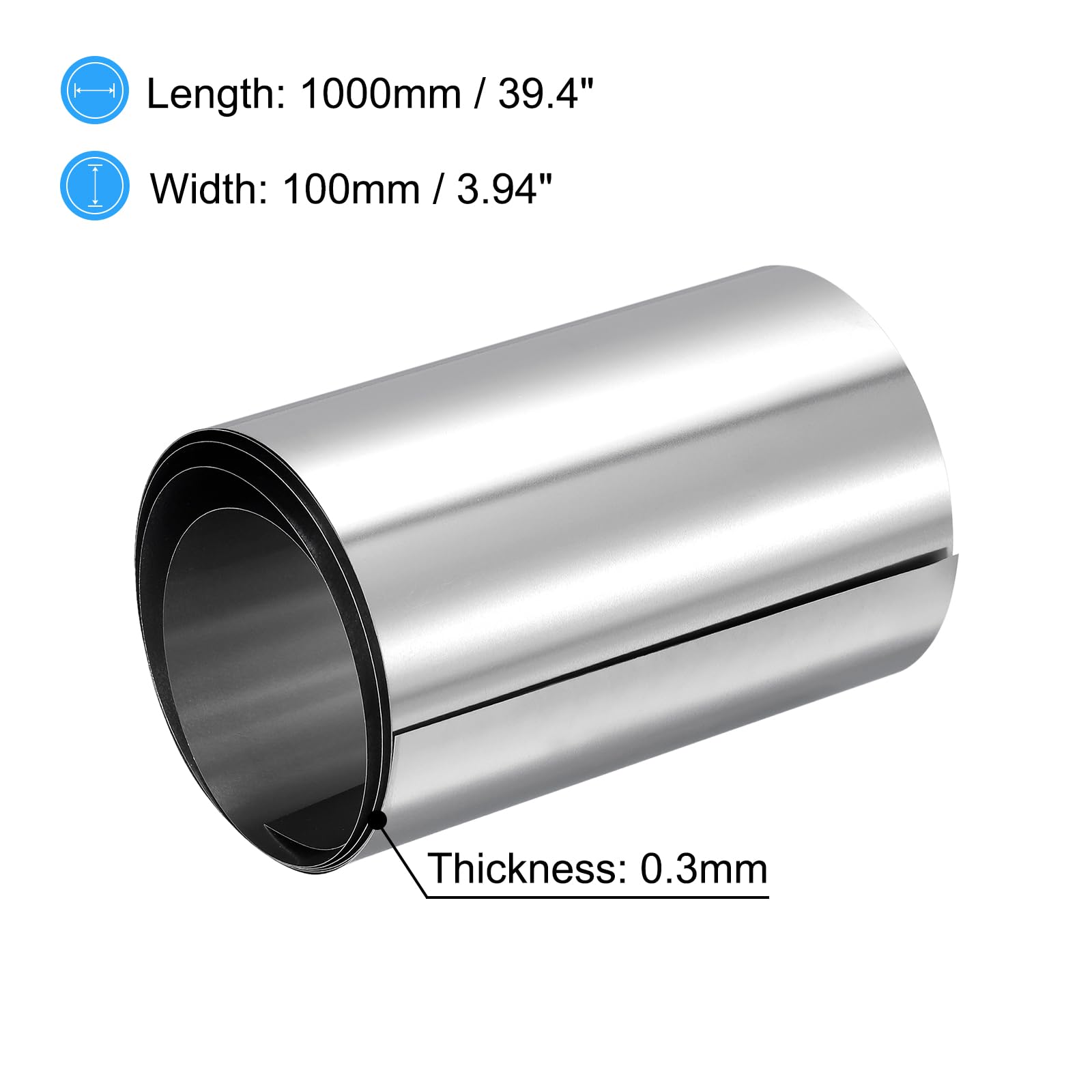 sourcing map 304 Inox Acier Feuille Rouleau，0,3 mm x 100 mm x 1M Poli Finition Métal Bande Plaque Feuille pour Artisanat, Électronique Équipement, Argent Ton