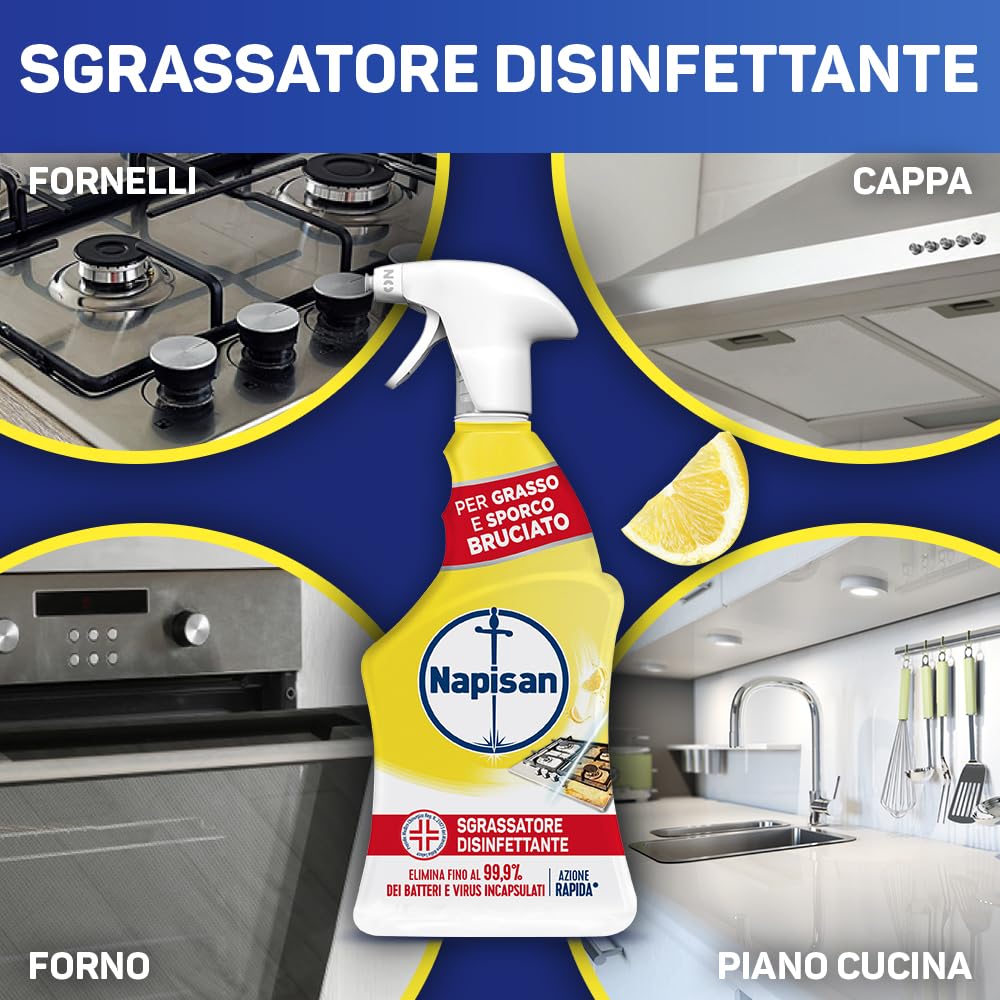 Napisan Spray Sgrassatore Disinfettante al Limone, Confezione da 12 pz da 740 ml di Sgrassatore Disinfettante, Spray da 740 ml